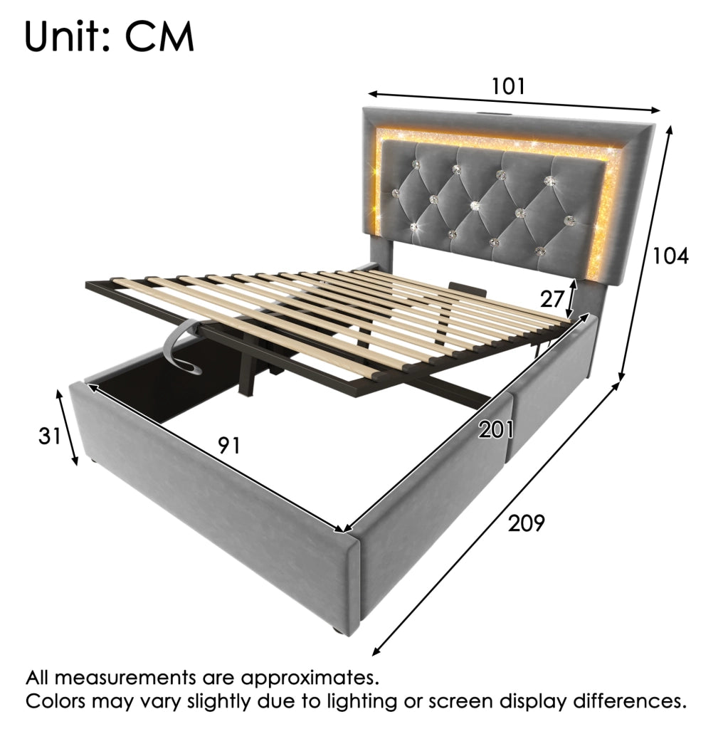 Letto imbottito con LED, ricarica USB e contenitore