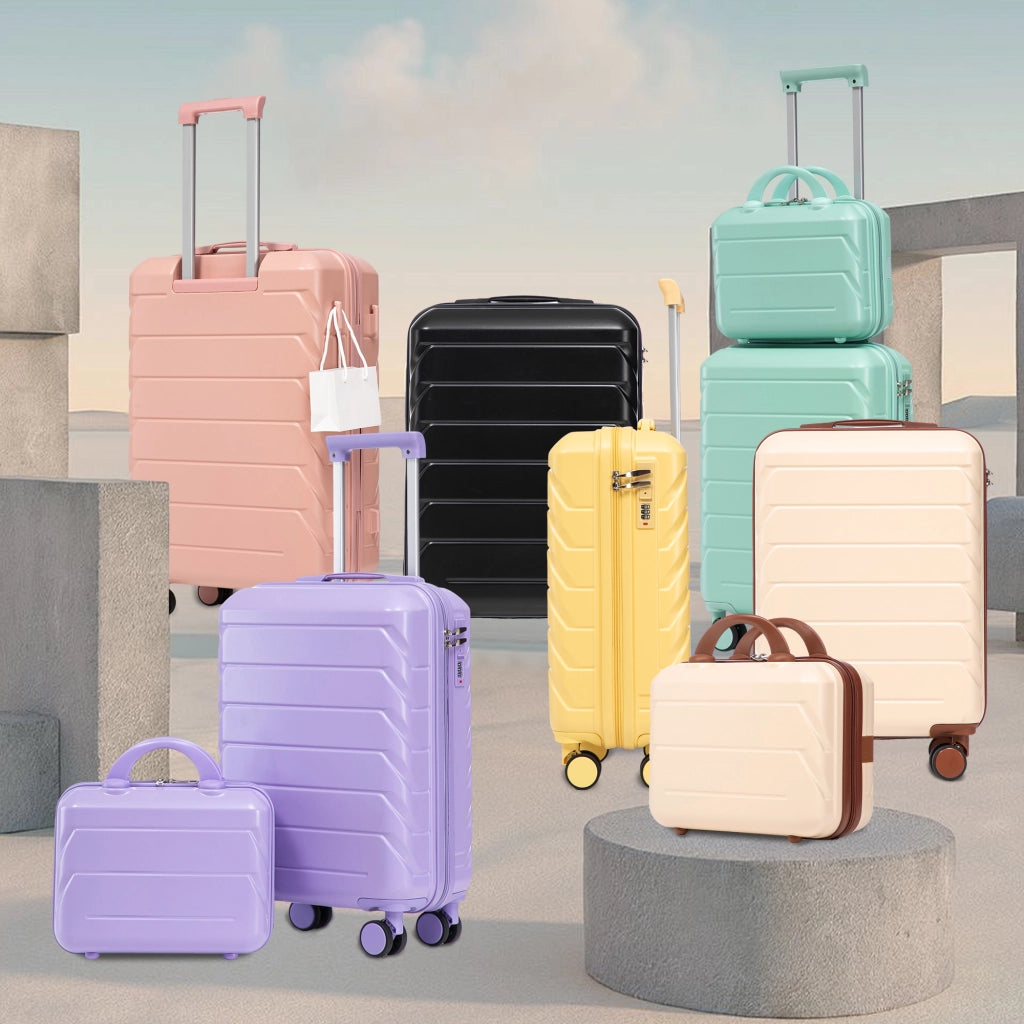 Set di valigie rigide 4 pezzi in ABS rosa con beauty case da 14 pollici e ruote doppie girevoli a 360°