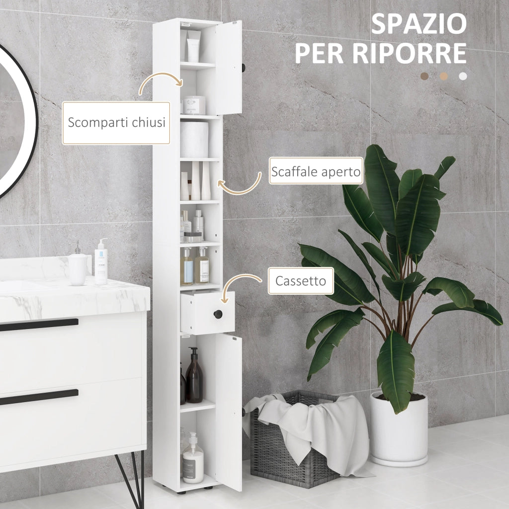 Colonna Bagno con Cassetto e Ripiani ¨C Xylo ¨C Legno Bianco 20x20x180 cm