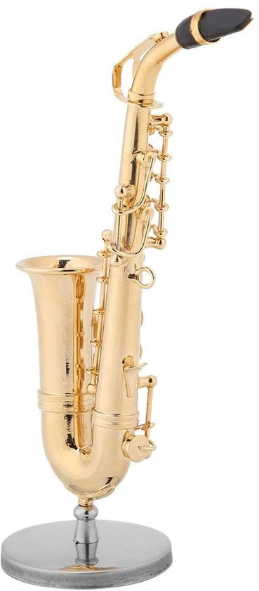 Miniatura Saxofono a Vapore Oro - Scatola di Conservazione in Legno - Standard - Decorazione - Collezione di Pupazzi - Ideale per i Musici - Ornamento Saxofonico