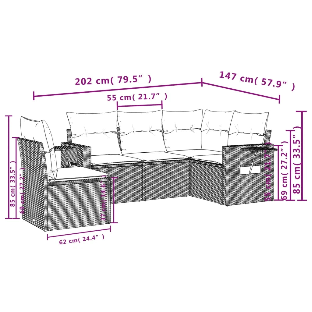 Set Divano da Giardino 5 pz | Set Salotto da Giardino con Cuscini Marrone in Polyrattan