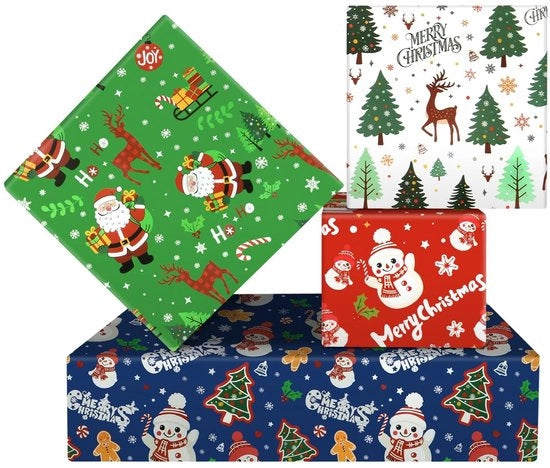Set di carta da imballo per Natale da 4 fogli - carta da imballo per compleanni - carta da imballo per bambini - carta da imballo in rotoli - 50 x 70 cm - disegni iconici di Natale