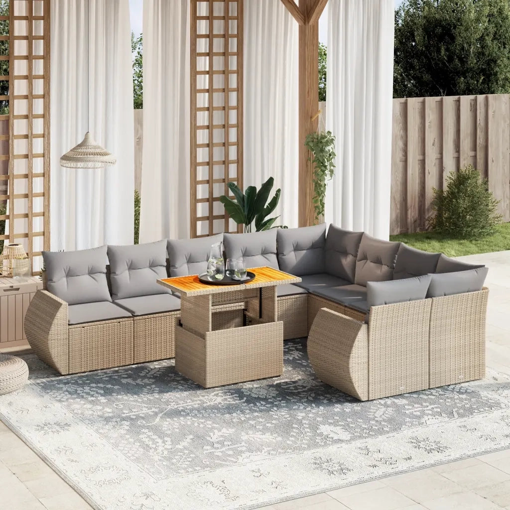 Set Divano da Giardino 10 pz con Cuscini Beige in Polyrattan