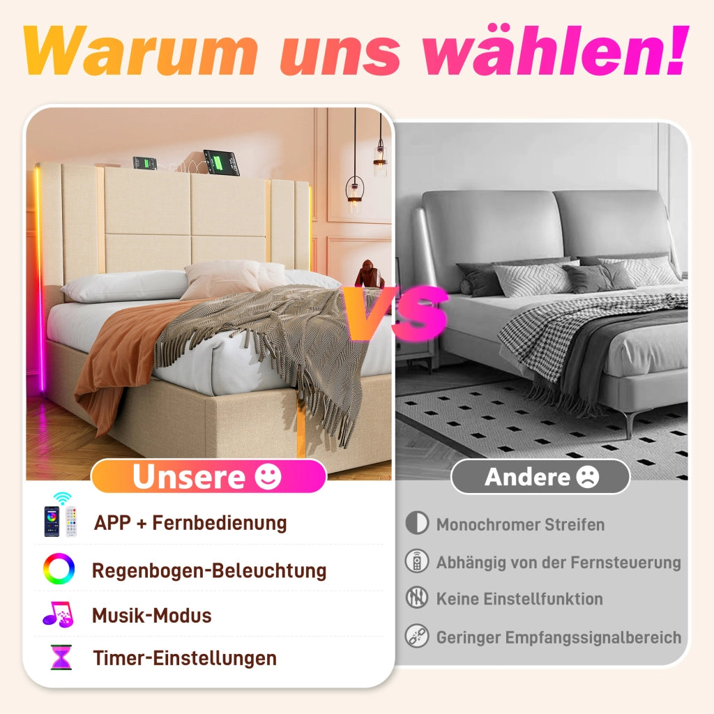 Letto singolo LED – 90x200 cm – USBC APP contenitore – lino beige