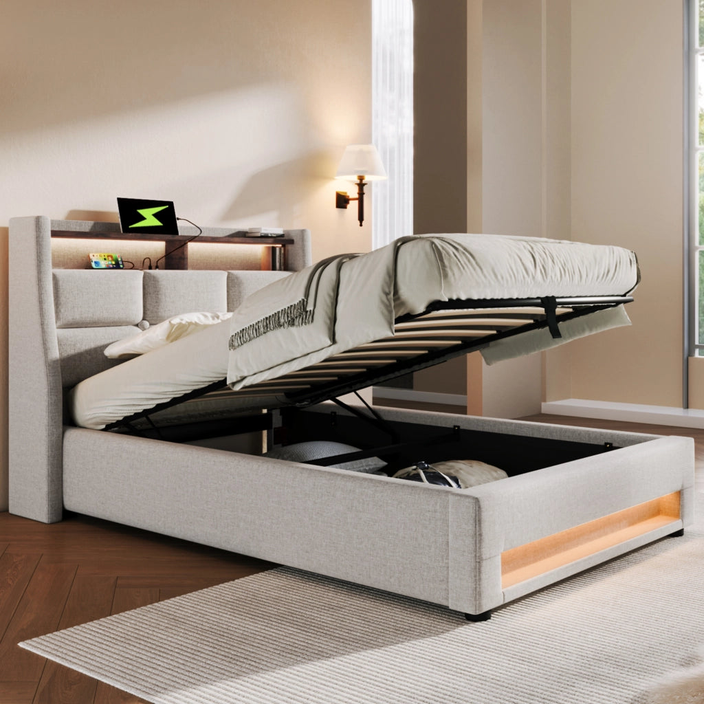 Letto singolo imbottito – 90x200 cm – LED rete metallica – lino beige
