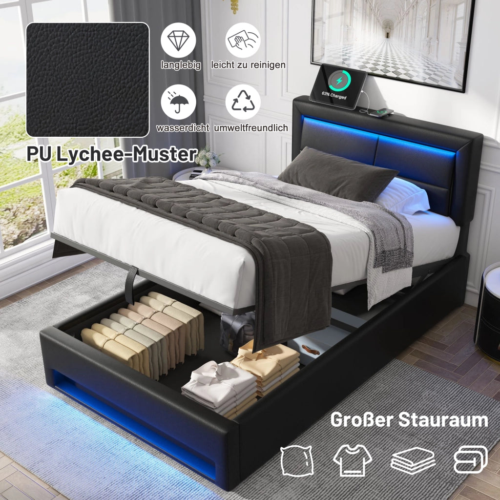 Letto singolo imbottito – 90x200 cm – USB LED contenitore – PU litchi nero