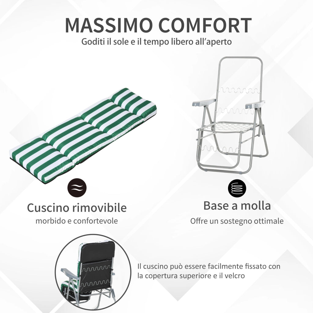 Sdraio da Giardino Pieghevole 2 Pezzi ¨C Minimal ¨C Verde e Bianco con Cuscino