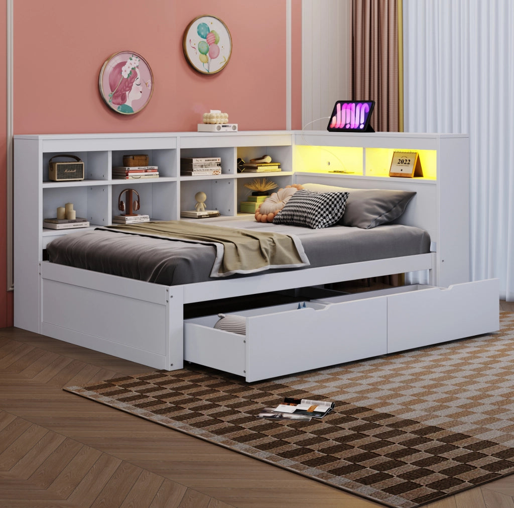 Letto singolo multifunzionale 90 x 200 cm bianco con LED e USB