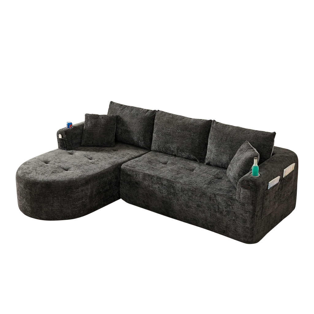 Divano Angolare L Form con Braccioli e Portabicchieri ¨C MINIMAL ¨C Tessuto Lino Beige