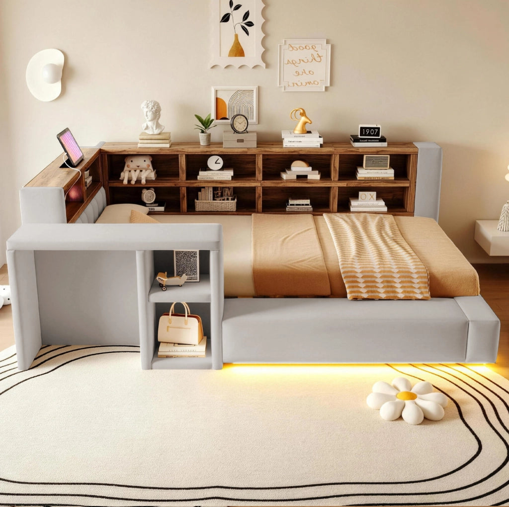 LETTO imbottito 90x200 cm Grigio chiaro con vani contenitore, LED e prese
