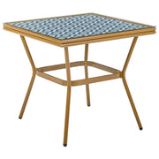 Tavolo da giardino in rattan PE blu e bianco con piano in vetro temperato struttura in alluminio 80 x 80 cm arredo da esterno