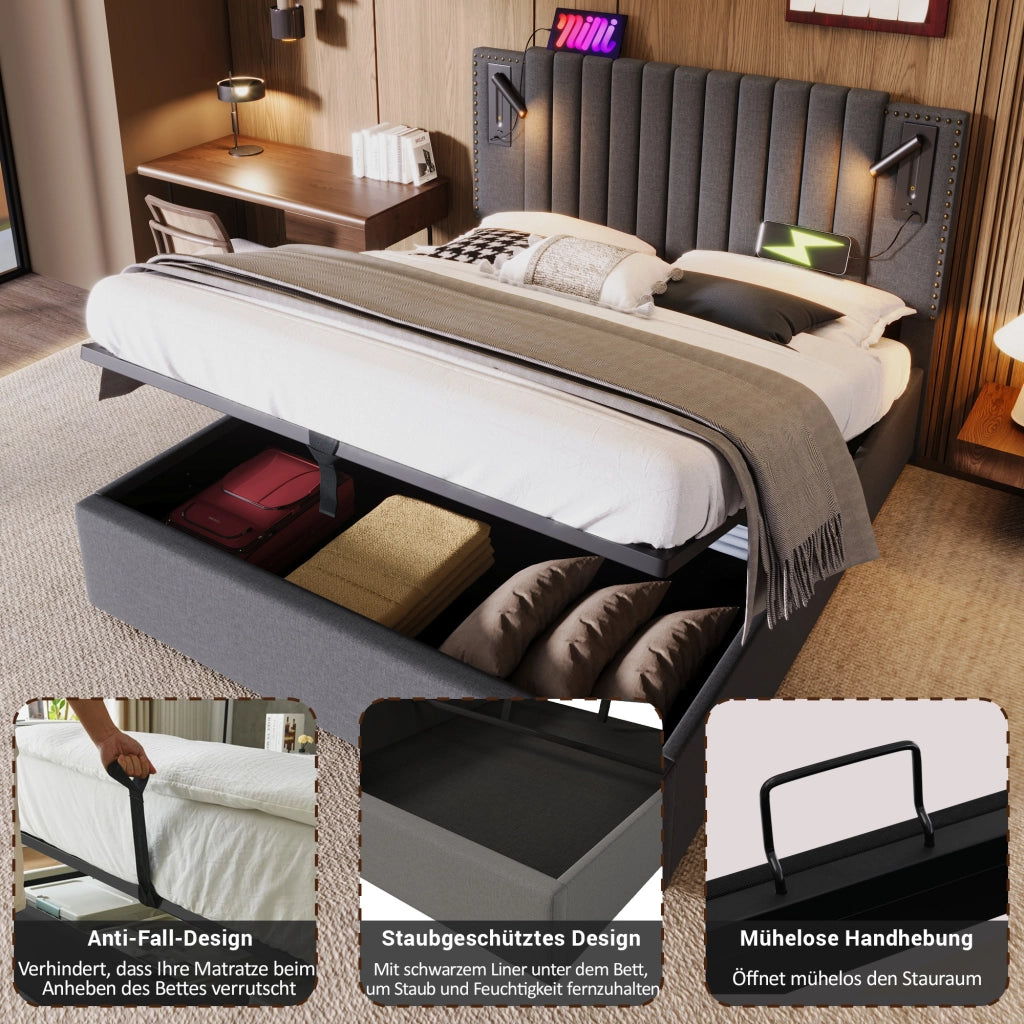 Letto matrimoniale – 160x200 cm – luce USB borchie rete – cotone grigio