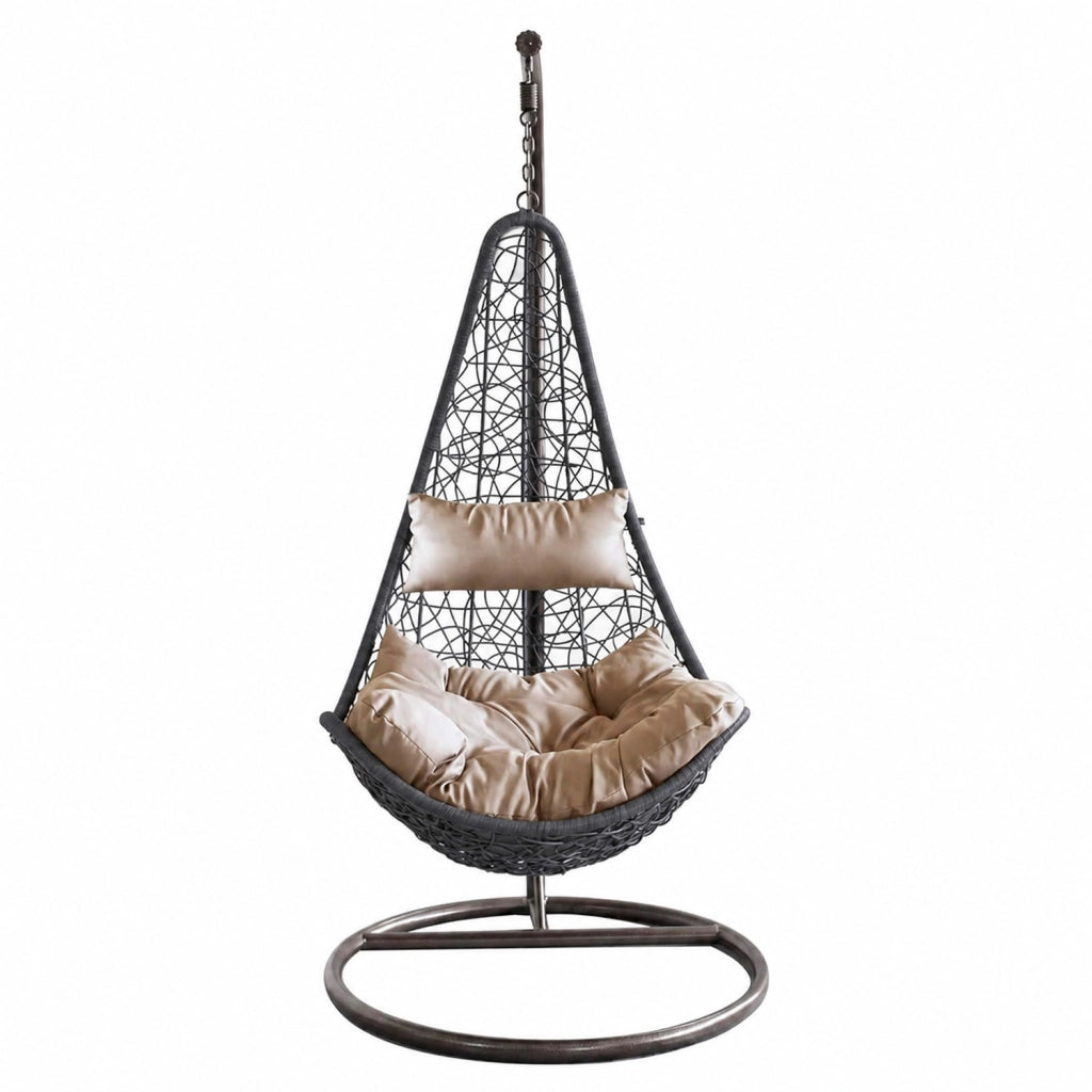 Poltrona Sospesa Da Giardino Con Seduta In Polyrattan Struttura Autoportante In Metallo Cuscino Con Poggiatesta Beige Arredo Outdoor Terrazza Balcone E Veranda 105 X 195 Cm Nero