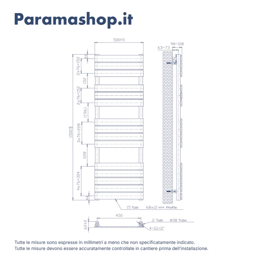 Termoarredo idraulico 1500x500 antracite interasse 450 | Andromeda