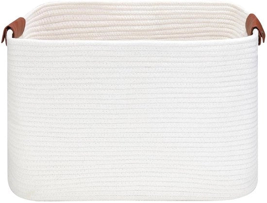 Opbergmand di tessuto con impugnatura in pelle, contenitore per la biancheria, 50,8 x 35,6 x 30,5 cm, organizzatore duraturo e stile per la casa. (Bianco, L (50,8 x 35,6 x 30,5 cm))