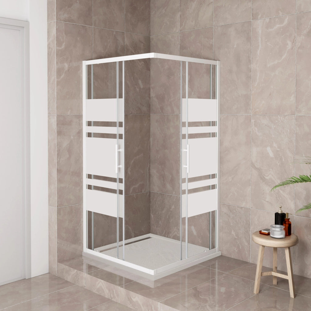 185 cm Box Doccia Angolare 100x70 cm Porte Scorrevoli Vetro Temperato 5 mm Anticalcare Fascie in Serigrafato Telaio Bianco Opaco