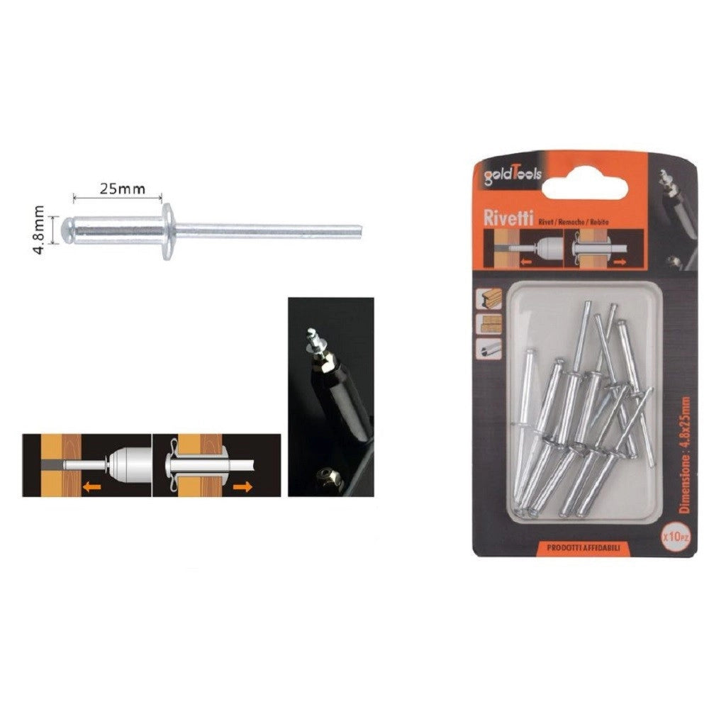 Trade Shop - Set 10pz Rivetti Rivetto 4.8x25mm Accessori Bricolage Ferramenta Fai Da Te 90825 -