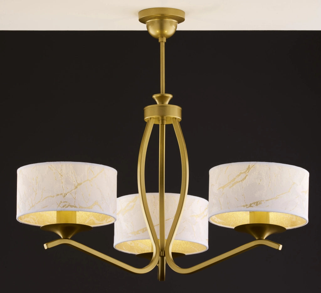 Lampada sospensione oro, 3 paralumi bianchi E27 Jupiter