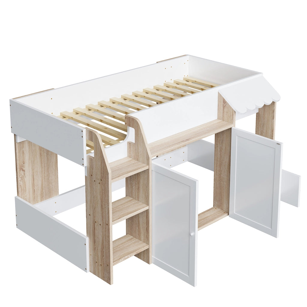 OKWISH Letto a soppalco 90×200 cm, Letto Singolo con Scala Ampia, Contenitore e Vani, senza Materasso, in Legno, Bianco Naturale