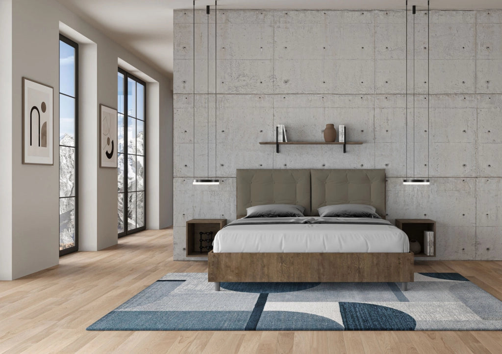 BS COM Letto matrimoniale con rete 160x200 noce cuscini similpelle cappuccino