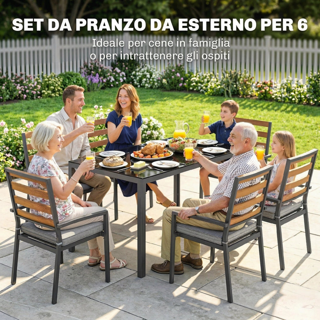 Set da Pranzo da Giardino 7 Pezzi, Tavolo e Sedie per 6 Persone, Nero