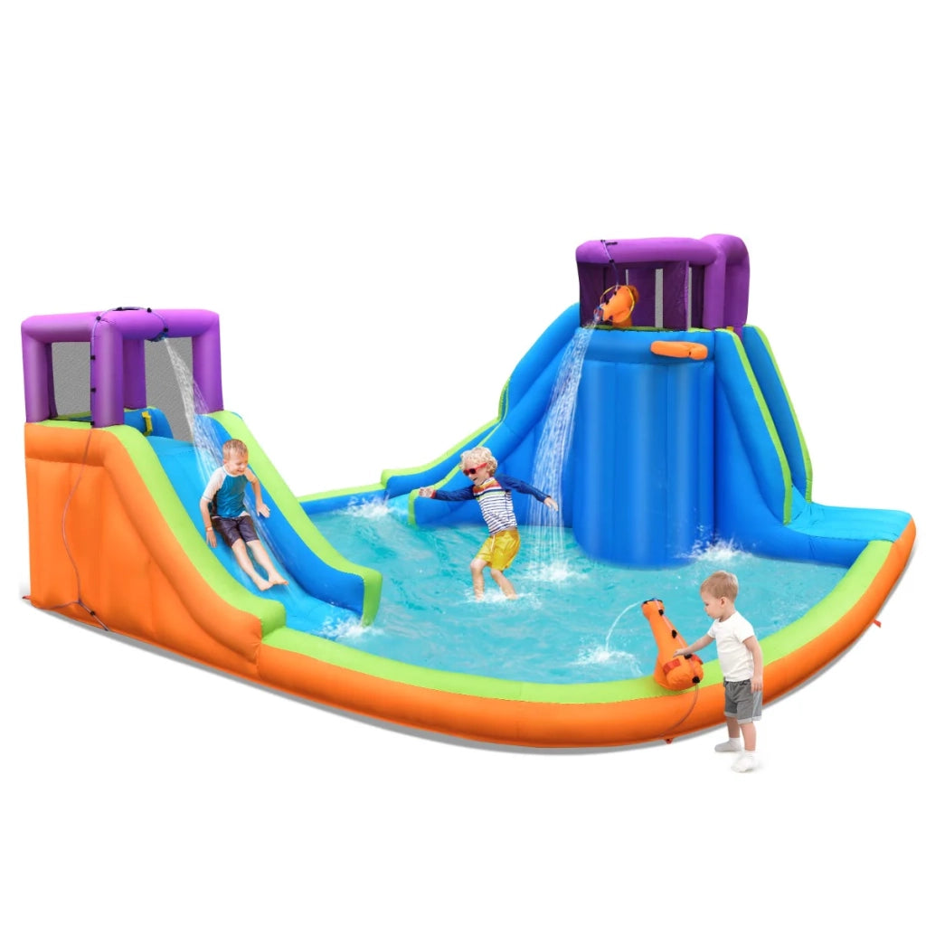 Parco acquatico gonfiabile 458 x 439 x 236 cm con 4 irrigatori e 2 pistole ad acqua design colorato in tessuto oxford blu viola verde e arancione 20_0013056