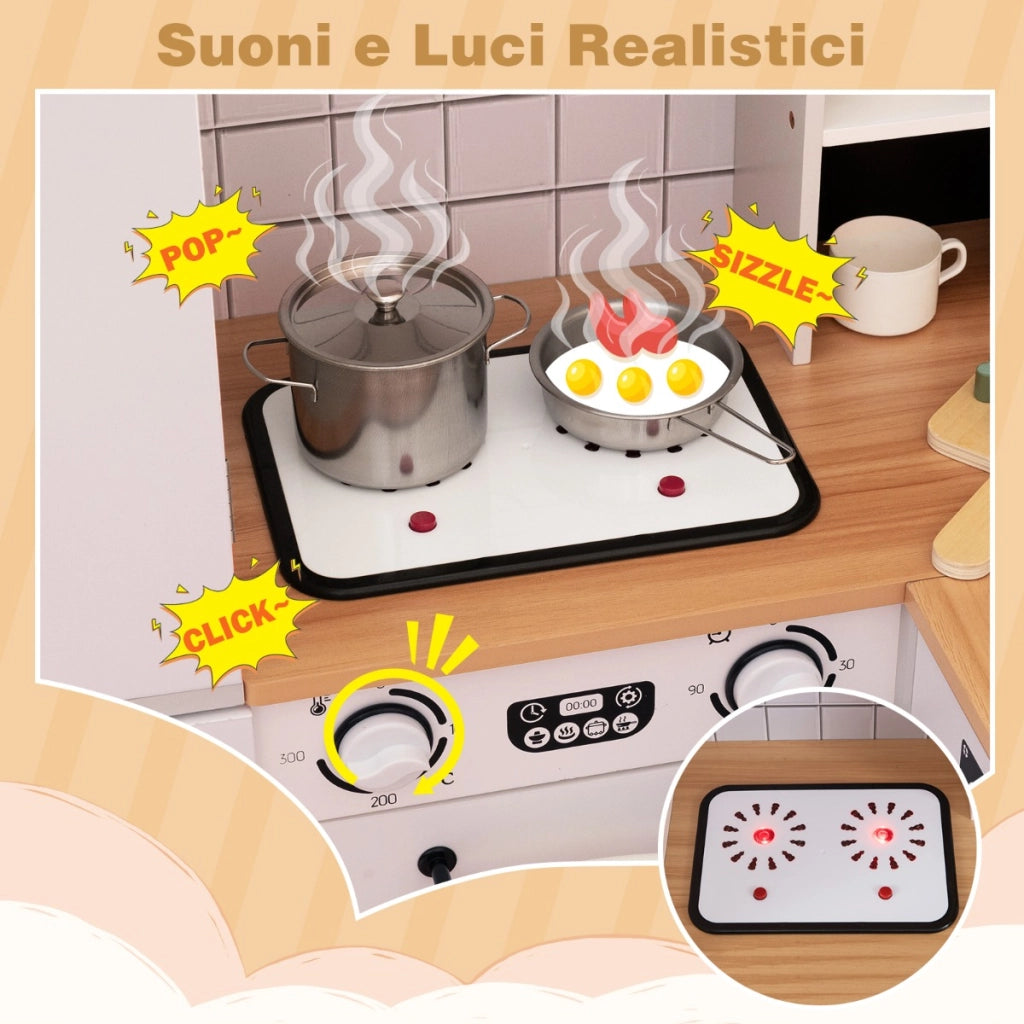 Cucina giocattolo ad angolo per bambini set cucina in legno con frigorifero a doppia porta, Cucina giocattolo con contenitori in tessuto e 12 accessori Bianco