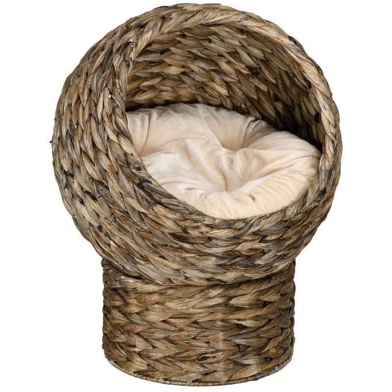 Cuccia per gatti in rattan e giacinto d'acqua, colore caffè, con cuscino, 40 x 37 x 51 cm