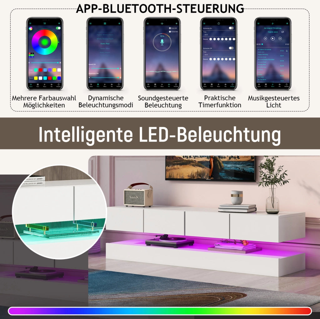 MOBILE TV A PARETE 130 cm Bianco in MDF con 4 cassetti e LED