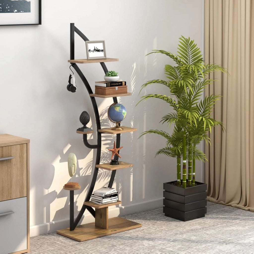 Scaffale per Piante a 7 Livelli, Scaffale a Forma di Mezza Luna con Gancio e Dispositivo Antiribaltamento, Porta Piante e Fiori per Interno, Balcone e Soggiorno, 60 x 30 x 155 cm (1 PEZZO)