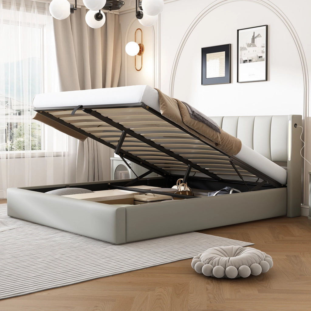 Letto imbottito con LED, USB e contenitore 140 x 190 cm, PU grigio