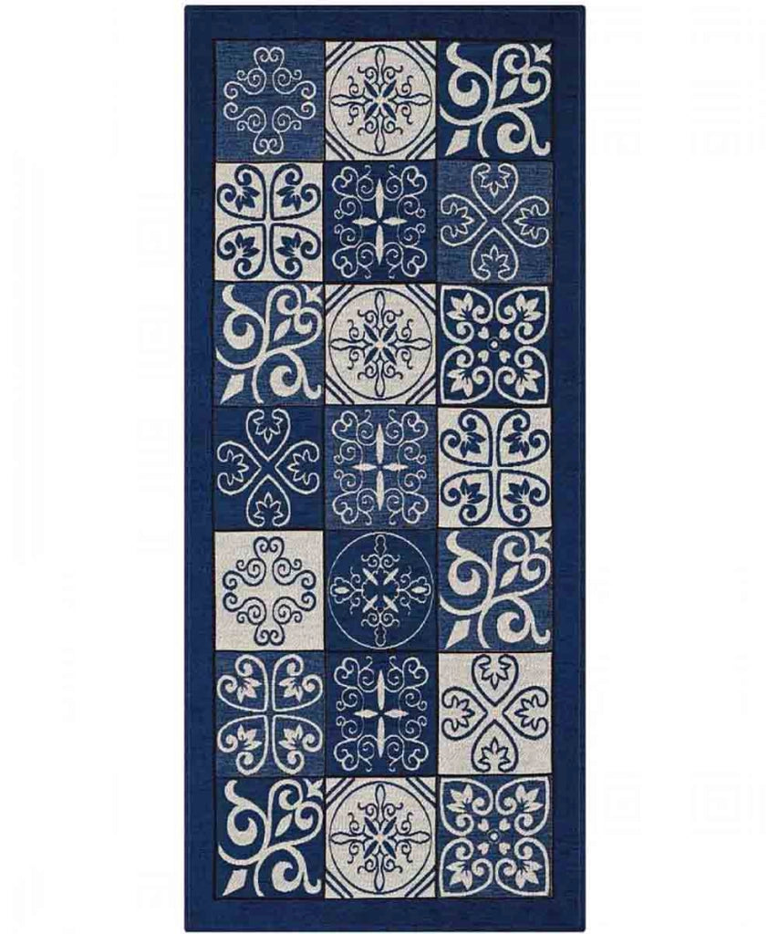 Tappeto disegno MAIOLICA BLU decorazione piastrelle ceramica, passatoia cucina multiuso lavabile in lavatrice e anti-scivolo cm.55x280