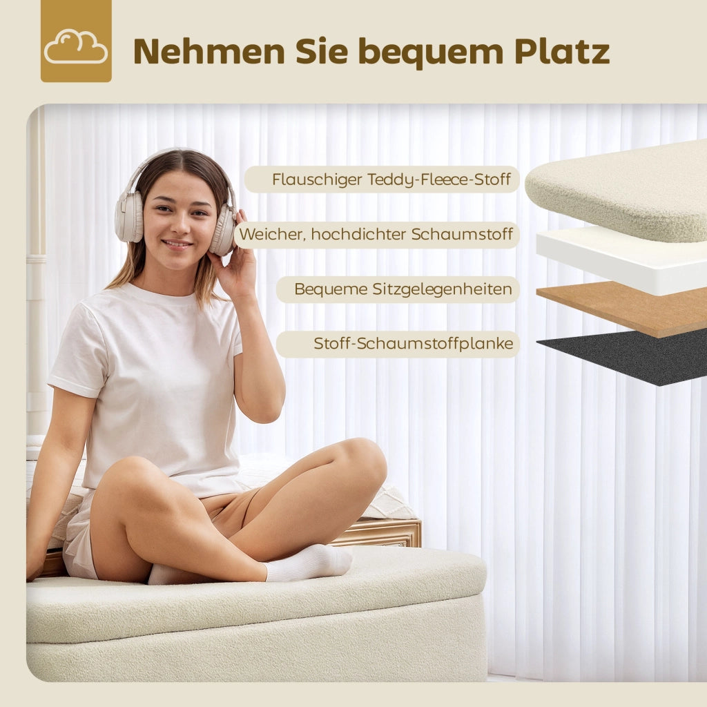 Panca contenitore con seduta imbottita ¨C Xylo ¨C Tessuto teddy beige, legno, 120x42x45 cm, 65L
