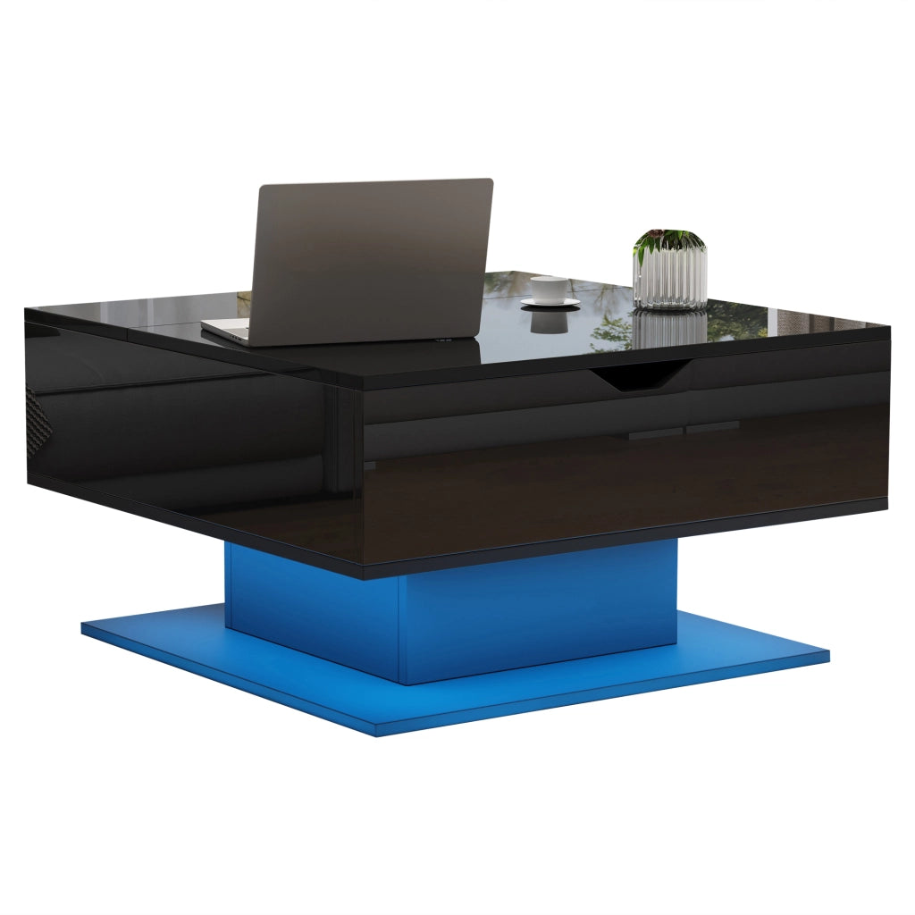 OKWISH Tavolino da Salotto Alzabile con Vano Contenitore e Spazio Semiaperto, LED, per Soggiorno, Pannello di Particelle, Nero, 80 x 75 x 40 cm