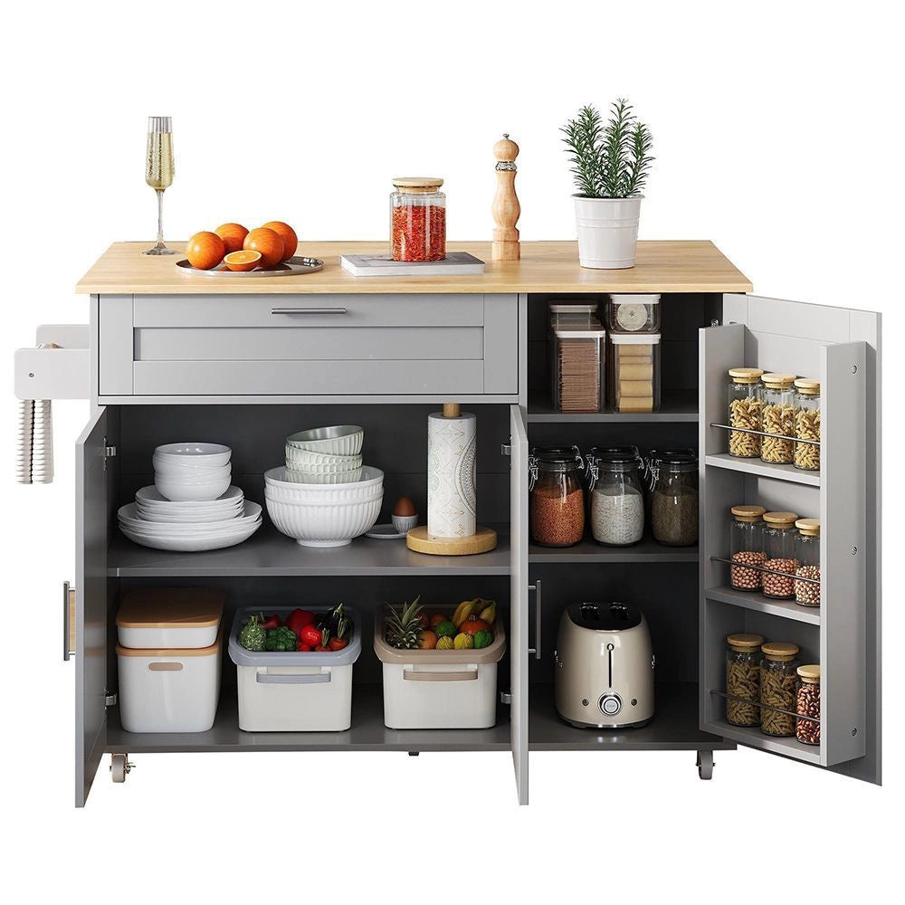 Tavolo da cucina mobile con piano ribaltabile - Xylo - 132,5x44x90 cm - Venatura quercia - Multifunzionale con scaffale spezie, porta asciugamani, 5 ruote