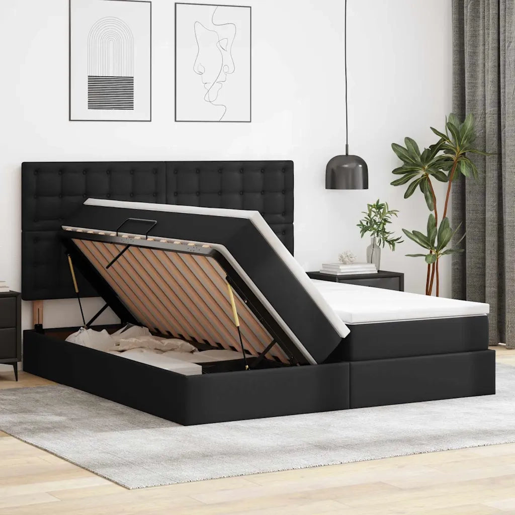 Letto con contenitore e LED Nero 200 x 200 cm Pelle sintetica