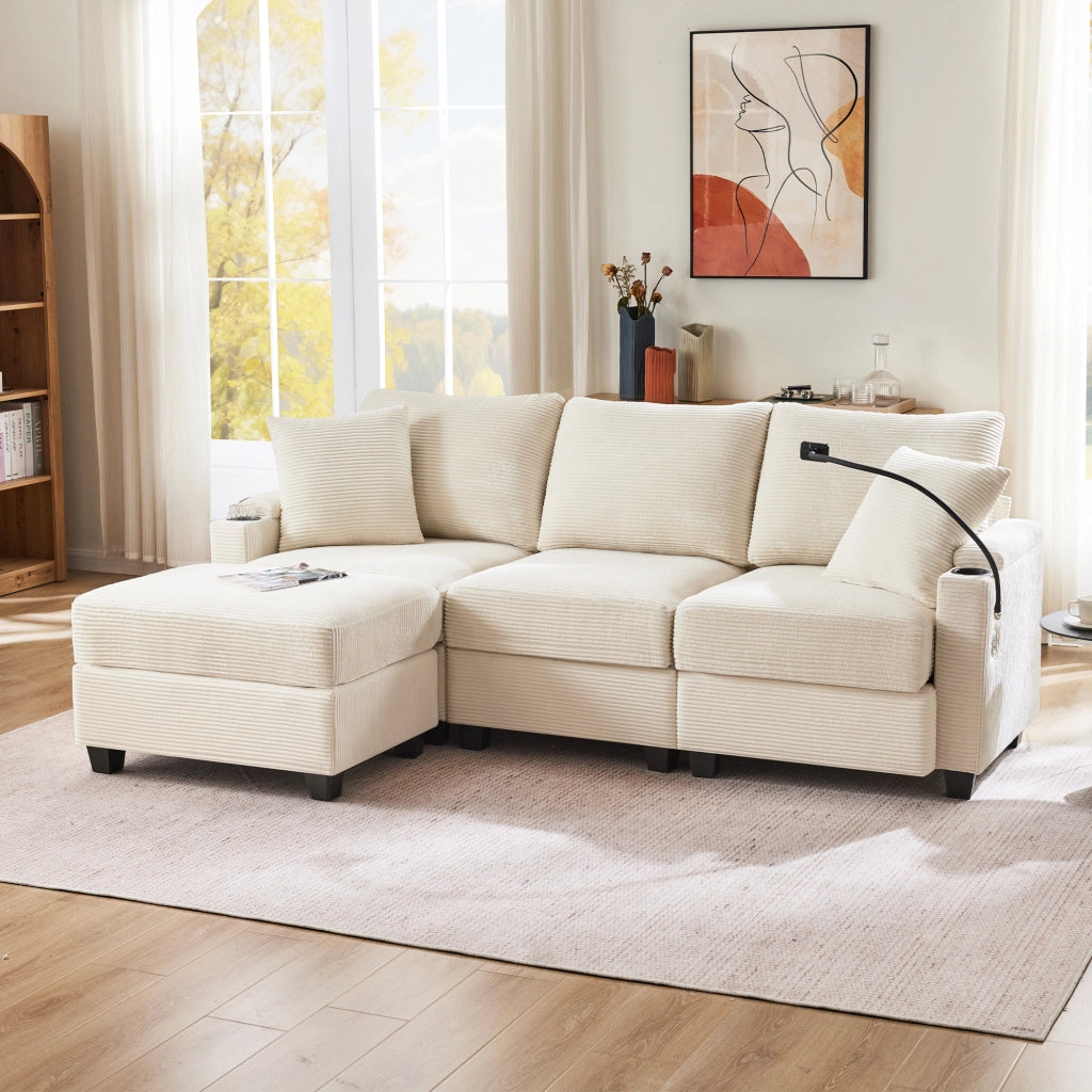 Divano Angolare 3 Posti con Poggiapiedi e Cuscini ¨C Xylo ¨C Beige