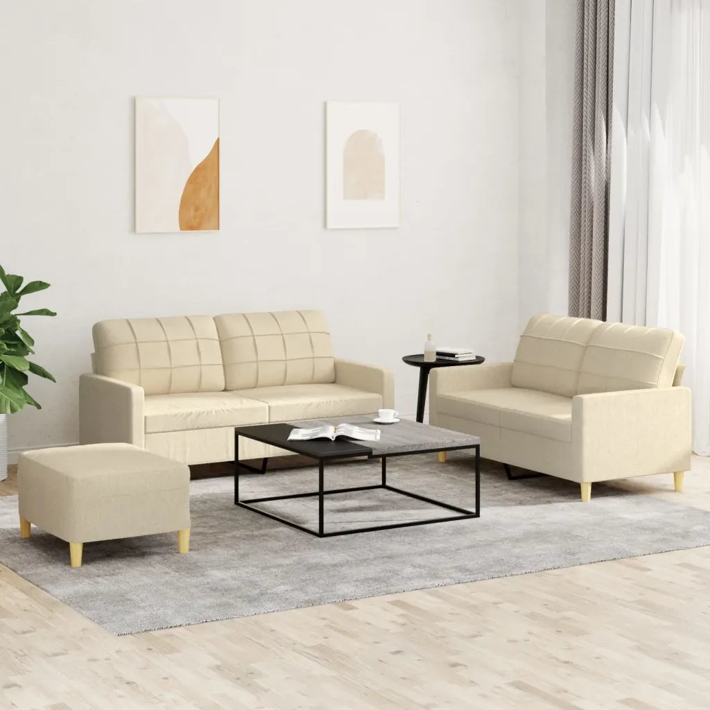 Set di Divani 3 pz con Cuscini Crema in Tessuto