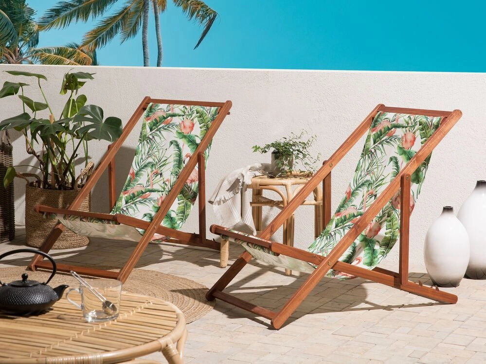 Set di 2 sedie a sdraio da giardino con struttura in legno di acacia scuro motivo fenicottero in tessuto amaca sedile reclinabile