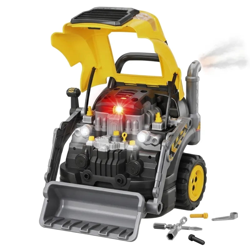 Giocattolo Motorizzato per Bambini, Set Riparazione Auto con Escavatore, 68 Pezzi, Luce, Suono, Effetto Nebbia, Volante e Clacson, Giallo