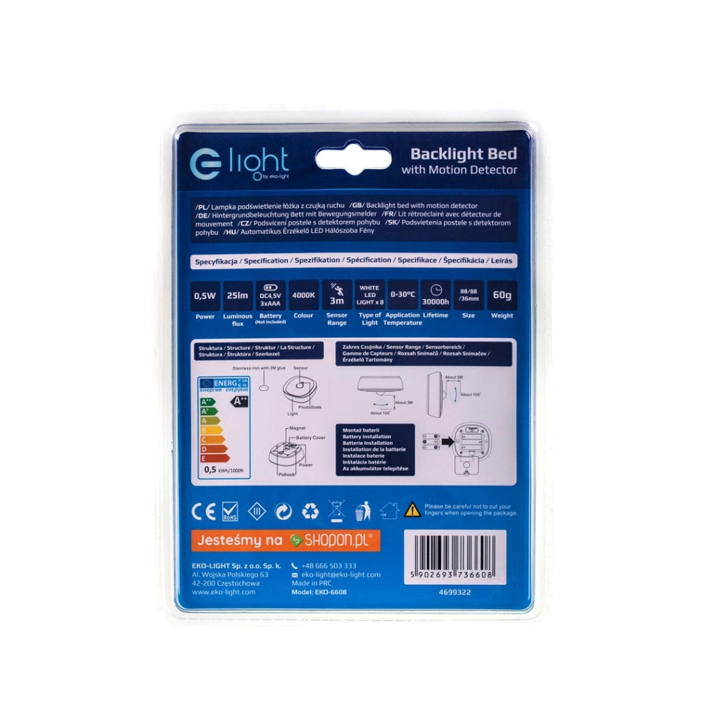 Luce LED rotonda 0,5W con sensore, 3xAAA bianca Eko-Light