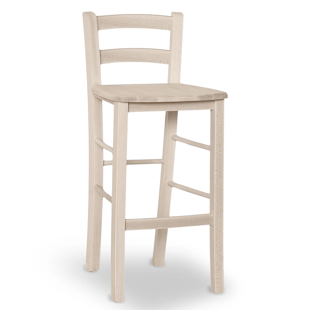 Sgabello legno grezzo con schienale e seduta legno massello h 67cm