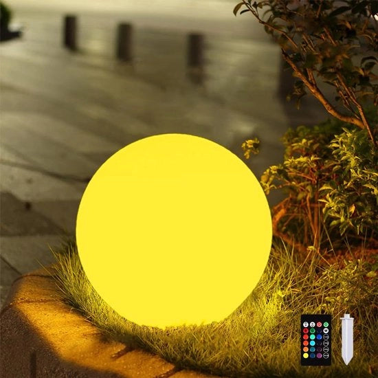 Lampada solare a forma di pallone da giardino con 16 colori regolabili, 15 cm, con controllo remoto, impermeabile, grande lampada da terra, con connessione di terra, adatta per cortili, giardini e prati.