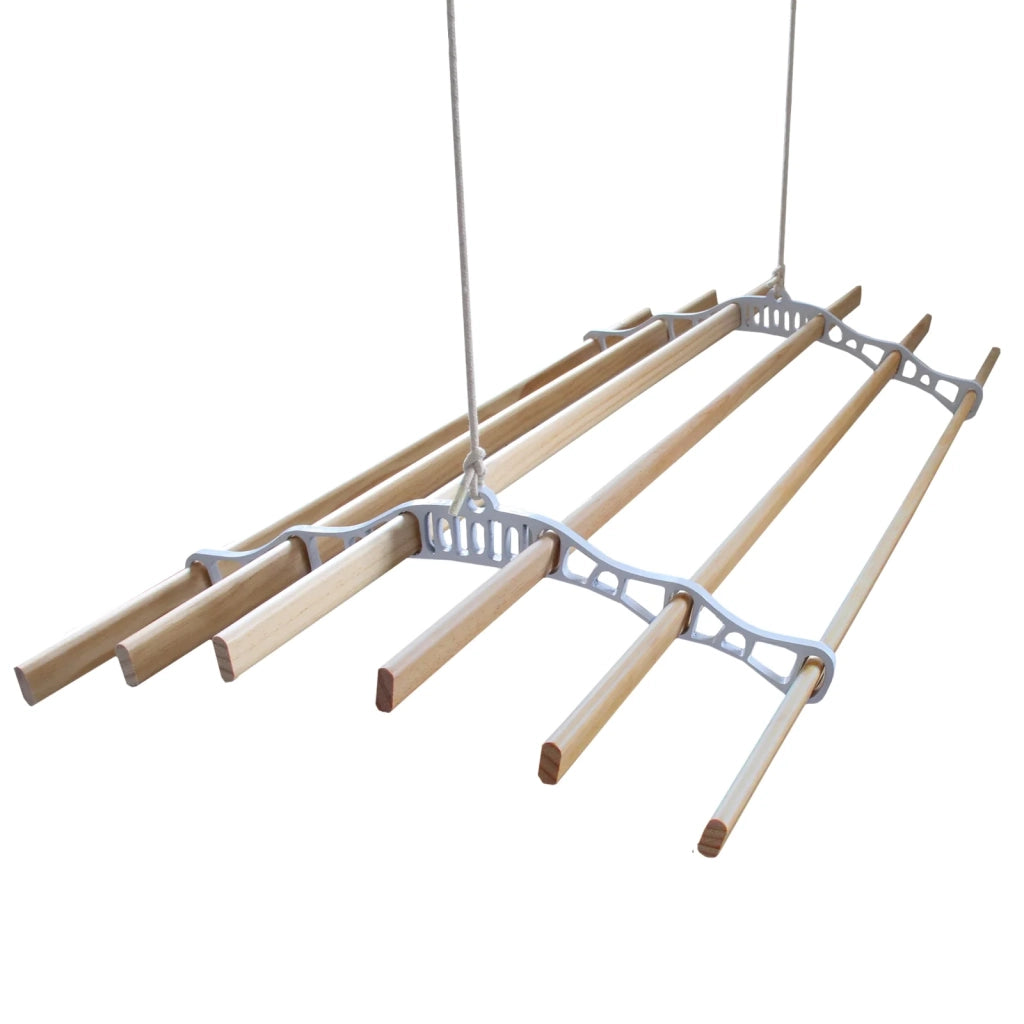 Stendibiancheria da Soffitto con 6 Stecche Legno 120cm e Supporti Ghisa Bianchi