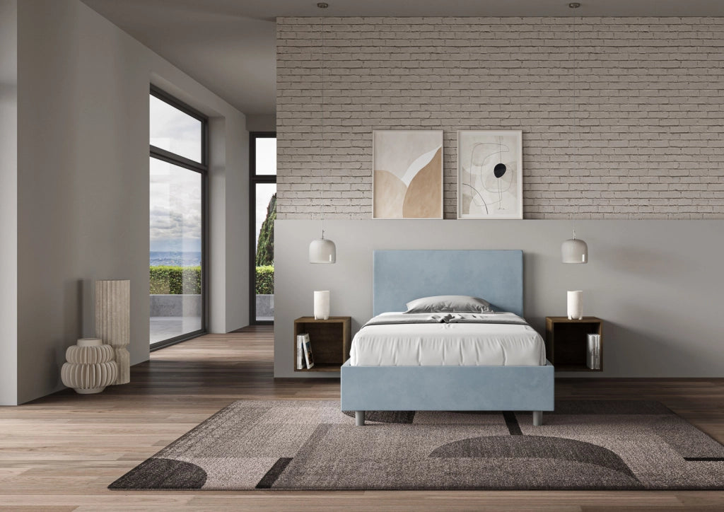 BS COM Letto singolo contenitore imbottito 100x190 microfibra azzurro