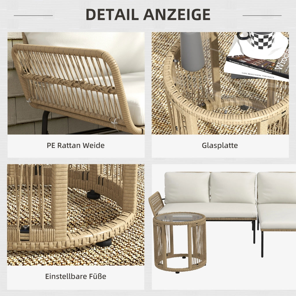 OKWISHDivano da Esterno Set da Giardino 3 Pezzi in Rattan con Lettino Prendisole Tavolino Cuscini Poliestere Bianco Crema