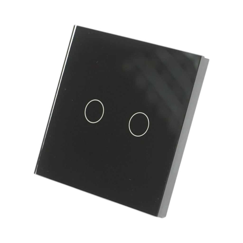 Interruttore doppio touch nero 220V, spia luminosa, cornice in vetro 86x86x34mm
