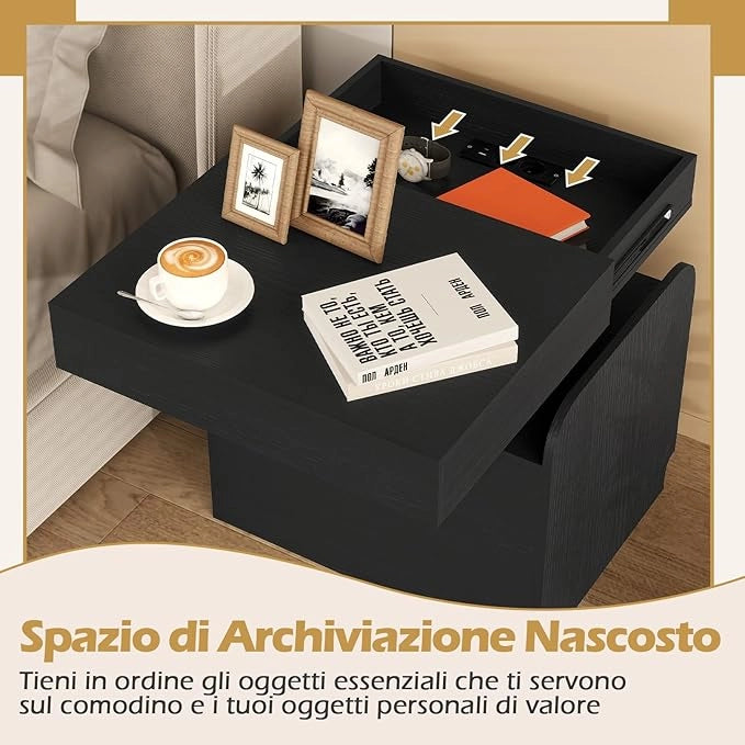 Comodino da Camera da Letto, Mobile Salvaspazio con Stazione di Ricarica, Cassetto, Vano Scorrevole, Vassoio e Ripiani Aperti, Comò per Soggiorno e Ufficio, 50 x 40 x 55 cm (Nero)