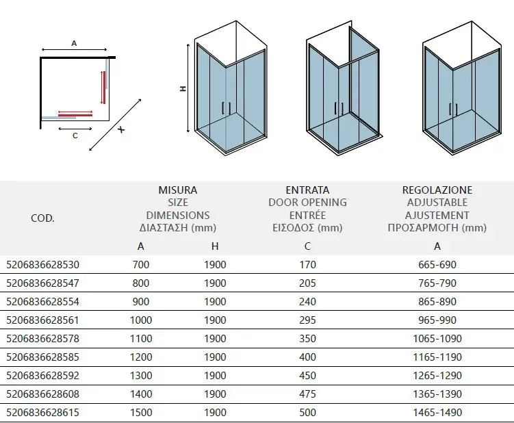 Box Doccia Profili Neri 6mm Anticalcare Cristallo Satinato H190 - 69x89