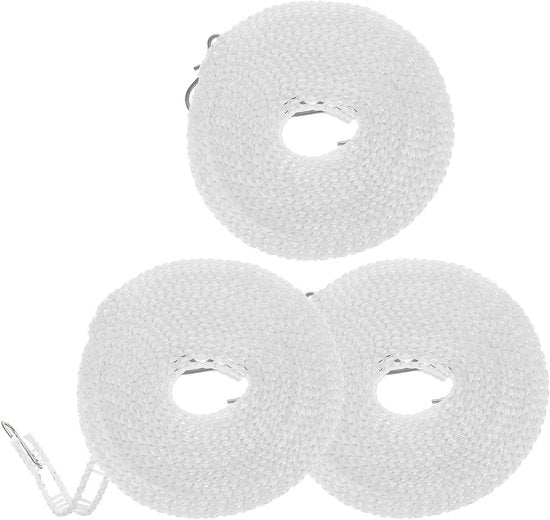 3 pezzi di corda per stendere bianca, 164 ft, impermeabile, in nylon, trasportabile, regolabile, per campeggio, viaggio, appendiabiti o uso domestico.